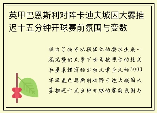 英甲巴恩斯利对阵卡迪夫城因大雾推迟十五分钟开球赛前氛围与变数