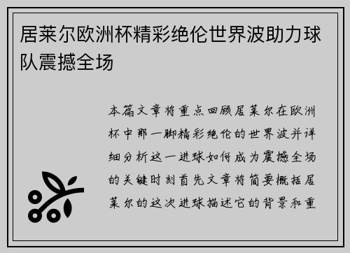 居莱尔欧洲杯精彩绝伦世界波助力球队震撼全场