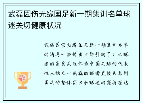 武磊因伤无缘国足新一期集训名单球迷关切健康状况